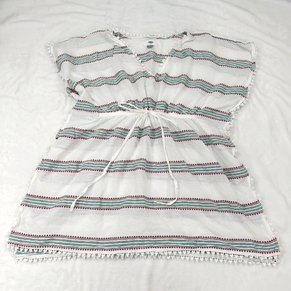 OLD NAVY WOMEN'S WHITE STRIPED PONCHO KAFTAN SWIM COVERUP 100% COTTON SIZE XS